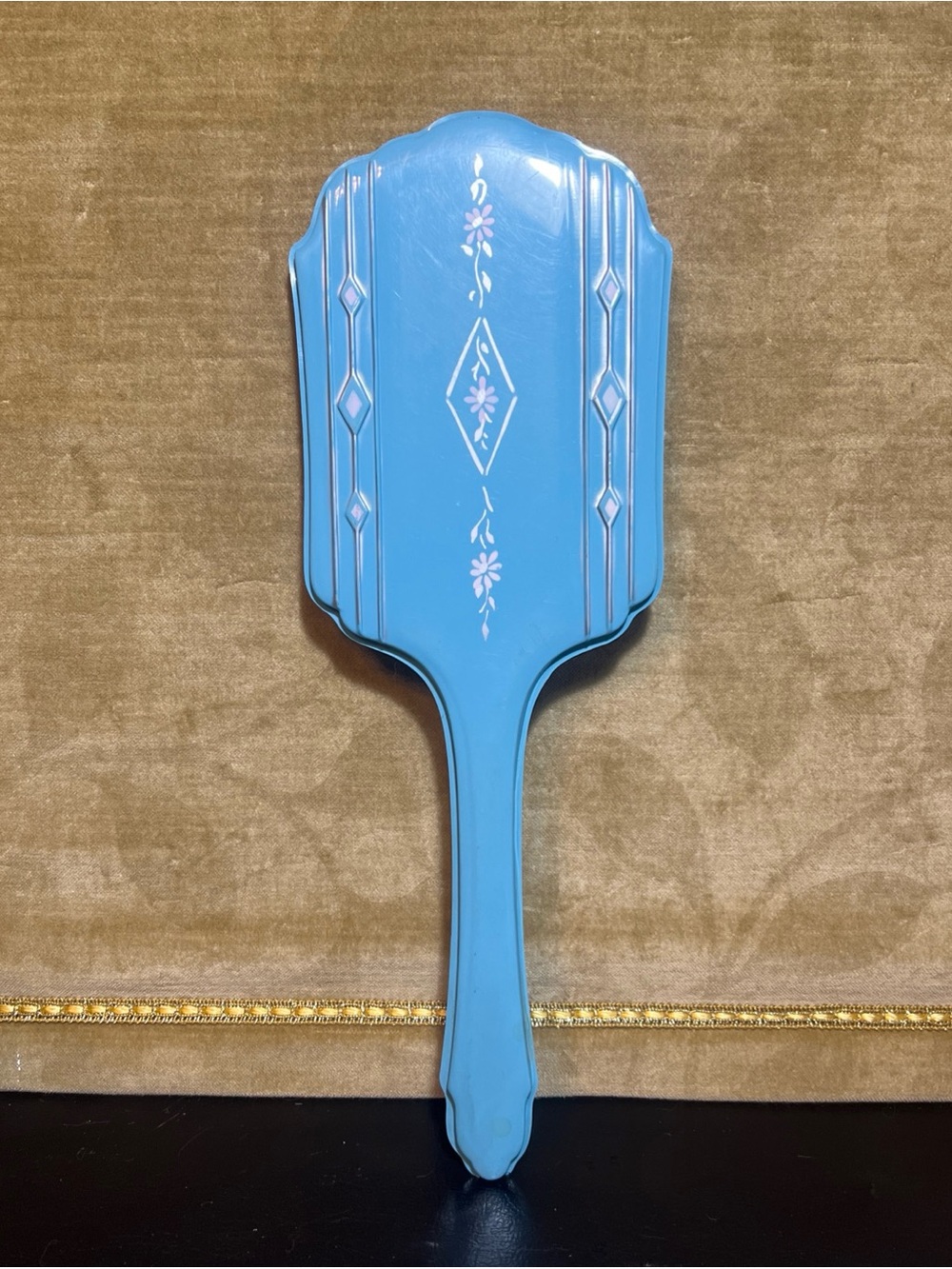 Vintage Art Deco Style Handheld Vanity Mirror Blue 13.5”